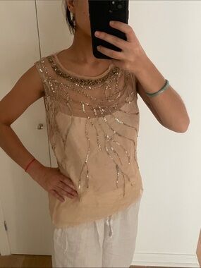 Hoss Intropia Beige/Champagne Sequined Sheer Overlay Tank